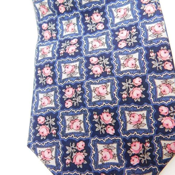 Jos. A. Bank Pink & Blue Woven Framed Floral Flower 100% Silk Tie 3.125 x 60" - Picture 2 of 5
